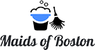 Logo of business with a cartoon image of a bucket and duster with the words "Maids of Boston" underneath